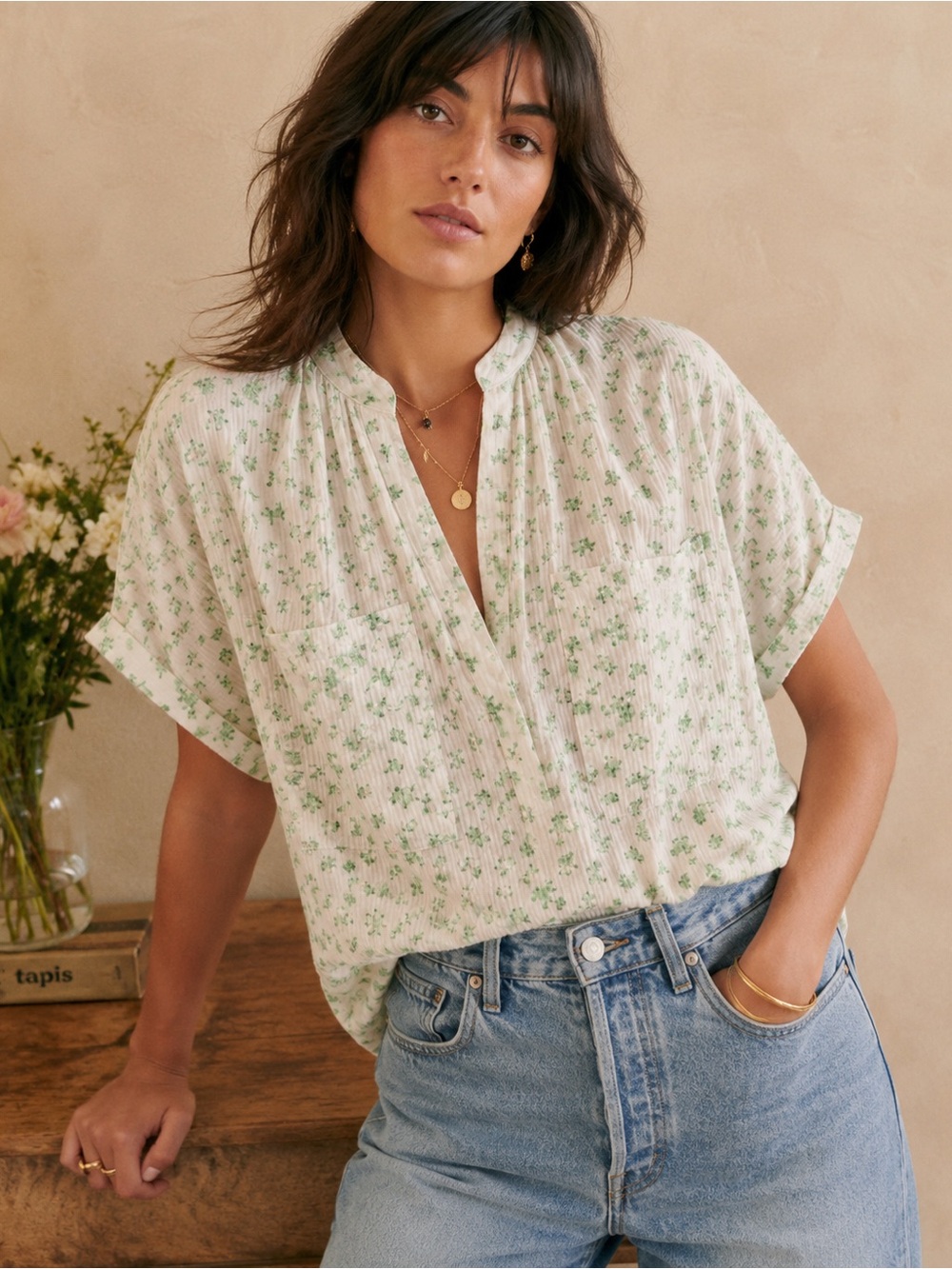 FRNCH Woman Cream Dainty Floral Gauze Muslin Relax Blouse SMALL Folk Boho